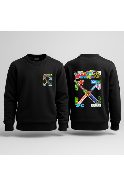 BLITZIST Off White Karışık Graffiti Yazı Baskılı 3 iplik Bisiklet Yaka Sweats...