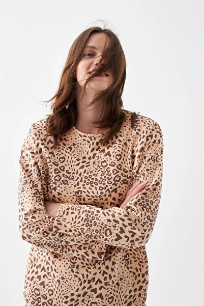 ALFA AKSESUAR 03 Clothing Women Oversized Beige Leopard Pattern Cotton Thick Pajamas Set