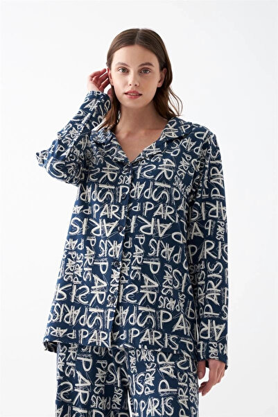 ALFA AKSESUAR 03 Clothing Women's Navy Blue “Paris” Letter Patterned Buttoned Cotton Pajama Set