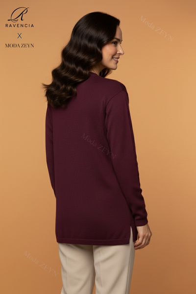 Ravencia Women's Crew Neck Stretch Fabric Patterned Knitwear Plum Mother Sweater