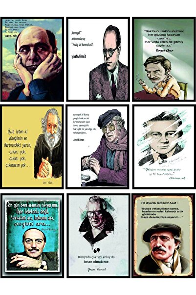 EXİN Türk Edebiyatı Duvar Posteri Seti – 9 Parça Ünlü Şair ve Yazar Portreleri (UV Baskı MDF)