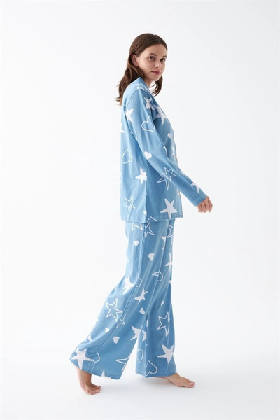 ALFA AKSESUAR 03 Clothing Women's Blue Star Pattern Buttoned Cotton Pajamas Set
