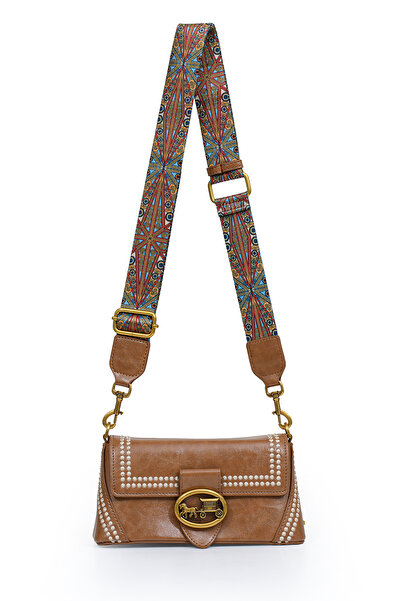 Levidor Authentic Phaeton Metal Logo and Ethnic Pattern Detailed Women's Shoulder Bag Lv930575 Camel