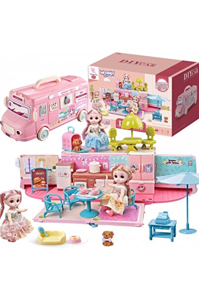 woopie Set de casă de păpuși 2 în 1 Camper– Rulotă portabilă cu păpuși, anima...