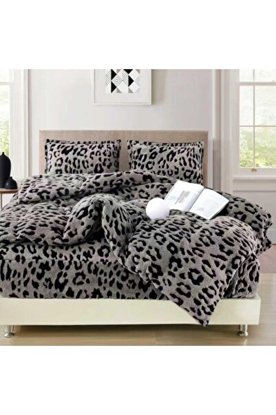 CumparaMisim Double bed linen, Super Fluffy COCOLINO Sherpa, with ELASTIC, 4 pieces, Grey, Leopard Print