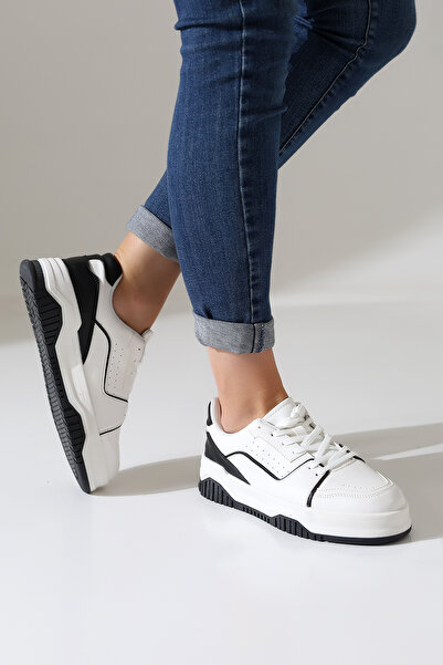 Encool Tenis de damă cu detalii alb-negru |   Pantofi sport retro casual |   Pantofi casual din piele pentru femei