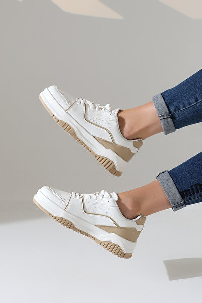 Encool Tenis de damă cu detalii alb bej |   Pantofi sport retro casual |   Pantofi casual din piele pentru femei