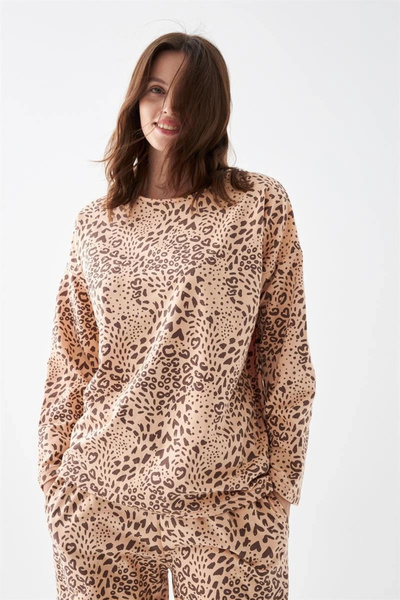 ALFA AKSESUAR 03 Clothing Women Oversized Beige Leopard Pattern Cotton Thick Pajamas Set