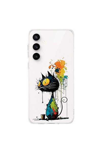 PrintiFy Samsung Galaxy S24 FE ile Uyumlu Splash Kedi Tasarımlı Şeffaf Siliko...