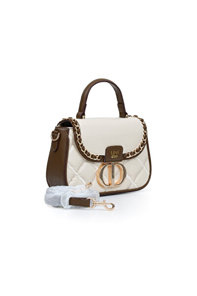 Levidor Quilted Embroidery and Chain Knit Detail Long Strap Medium Size Women's Hand and Shoulder Bag Lv930582 Cream