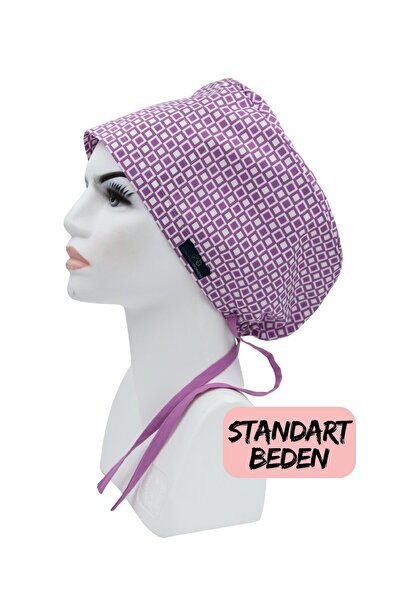 doktorbonem Standart Beden Lila Geometrik Desen Cerrahi Bone Doktor Hemşire Sağlıkçı Hastane Bonesi