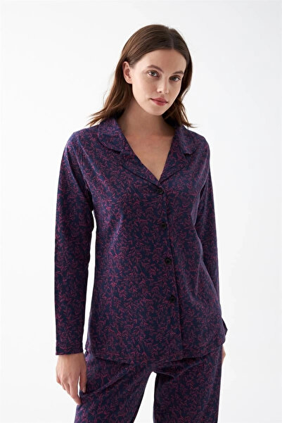 ALFA AKSESUAR 03 Clothing Women's Purple Buttoned Collar Detailed Patterned Cotton Pajama Set