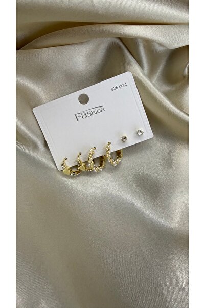 BUSİELLE JEWELRY Gold Boncuklu Altılı Şık Kadın Küpe Seti (3 Çift)