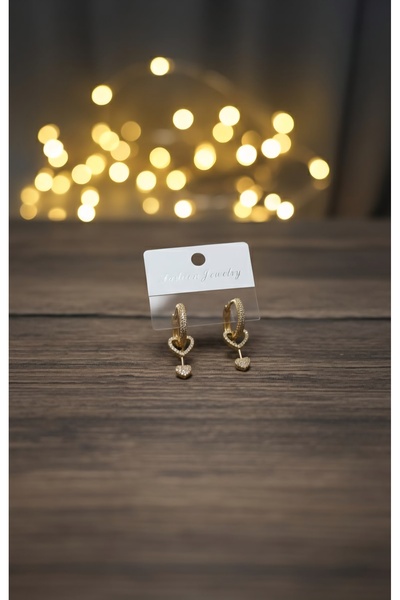 Jewerly Gold Rengi Zirkon Taşlı Kalp Detaylı Halka Sallantılı Küpe / Valentine Sevgi Küpesi