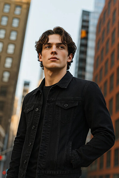 DAMGA JEANS Erkek Polo Yakalı Premium Siyah Kot Ceket