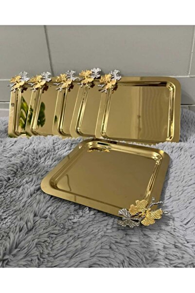 kumsal home züccaciye 6LI LÜX KELEBEKLİ GOLD KARE SUNUM ÇAY NİŞAN DEKORATİF V...