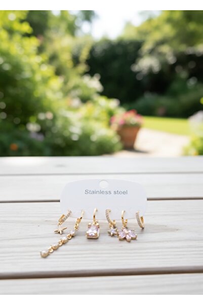 Jewerly 5li Set! Gold Rengi Paslanmaz Çelik Zirkon taşlı Sallantılı Halka Küpe Kombini