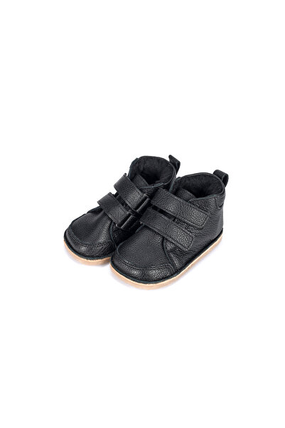 tega shoes Children's barefoot boots, natural leather, fur, black