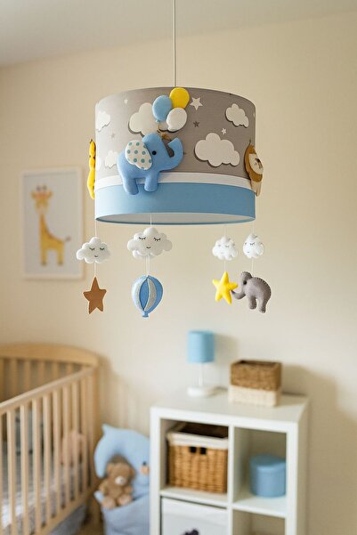 Leobabyroom Gri Bulutlu Fil Aslan Zürafa Ayıcık Figürlü Bebek Çocuk Odası Avize Tavan Aydınlatma