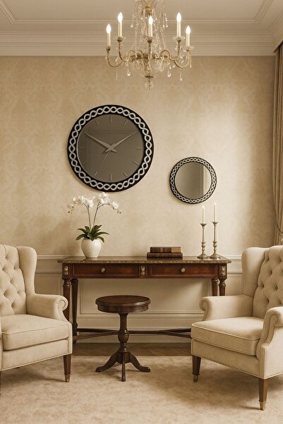 Nera Tasarım Silver Ayrıntılı Yuvarlak Aynalı Duvar Saati Seti - Dekoratif Gü...