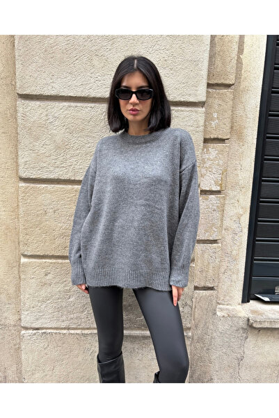 deqfashion سترة نسائية منسوجة فضفاضة بياقة دائرية وحجم كبير بلون أنثراسايت