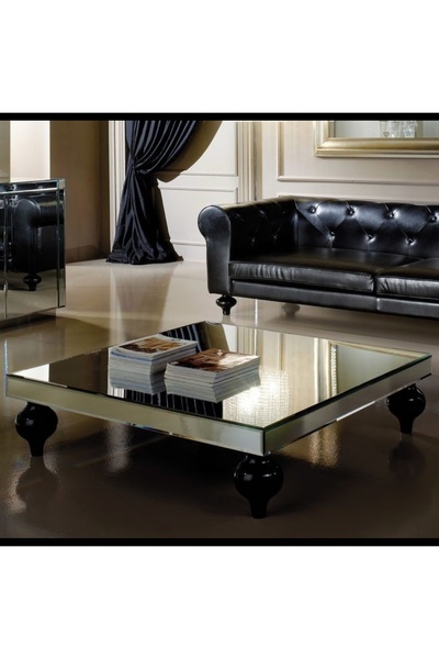 LUXURY VİLLA LUXURY GÜMÜŞ AYNALI SİYAH AYAKLI ORTA SEHPA 90X90 YÜKSEKLİK 28CM