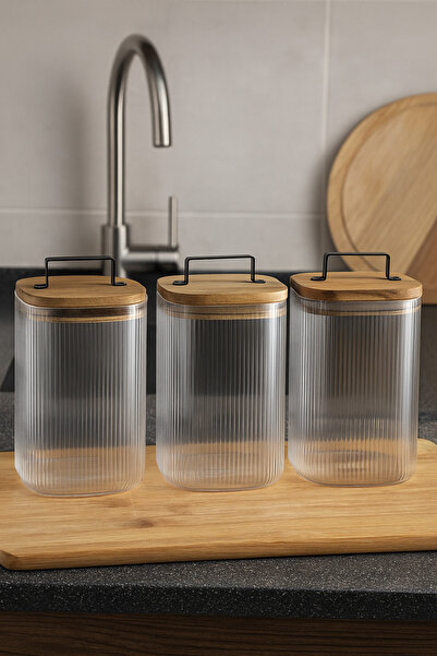 Dia 3-Piece Glass Jar Set Storage Container Acacia Vacuum Lid Modern Set