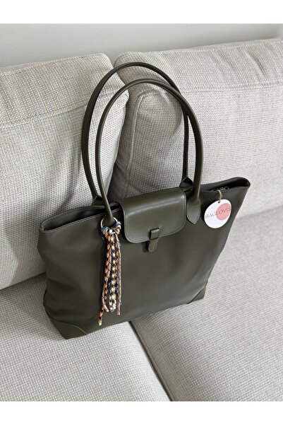 BAGLOVİS Charm Detailled Large Size Khaki Tote Bag En40 Boy30