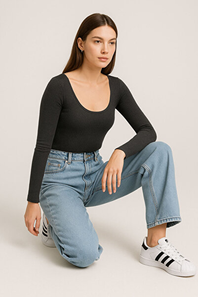 EFFE 2 Pieces Long Sleeve Boat Neck Ribbed Blouse