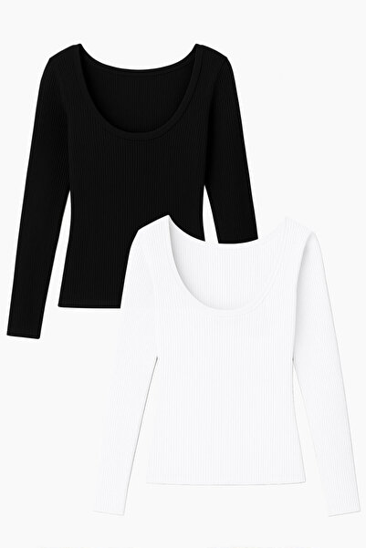 EFFE 2 Pieces Long Sleeve Boat Neck Ribbed Blouse