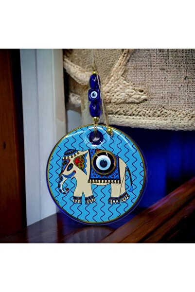 Tuncel Store Gilded Elephant Model Evil Eye Beaded Wall Decoration Blue Glass...