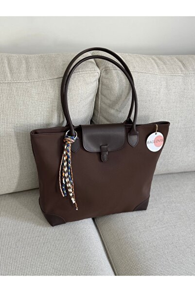 BAGLOVİS Charm Detailled Large Size Brown Tote Bag En40 Boy30