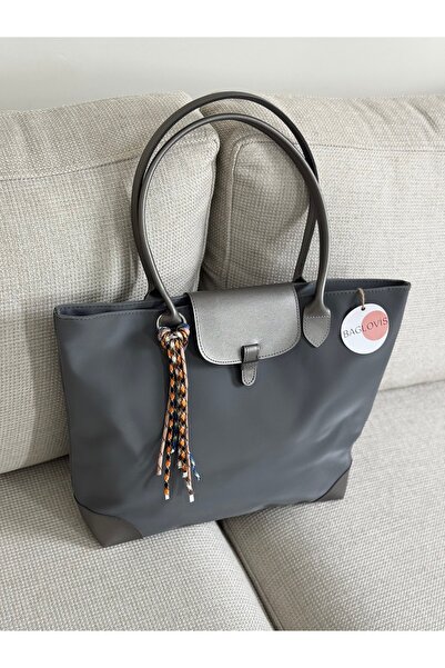 BAGLOVİS Charm Detailled Large Size Gray Tote Bag En40 Boy30