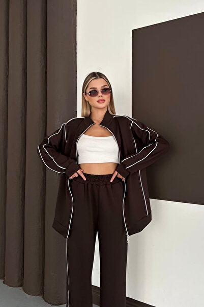 moda poni Women's Brown Modal Fabric Oversized Tracksuit Set