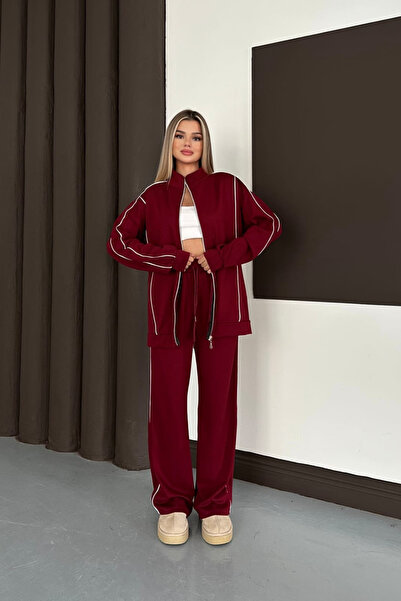 moda poni Women's Burgundy Modal Fabric Oversized Tracksuit Set
