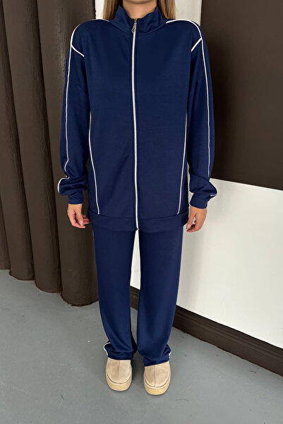 moda poni Women's Navy Blue Modal Fabric Oversize Tracksuit Set