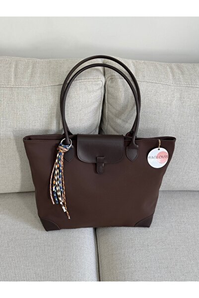 BAGLOVİS Charm Detailled Large Size Brown Tote Bag En40 Boy30