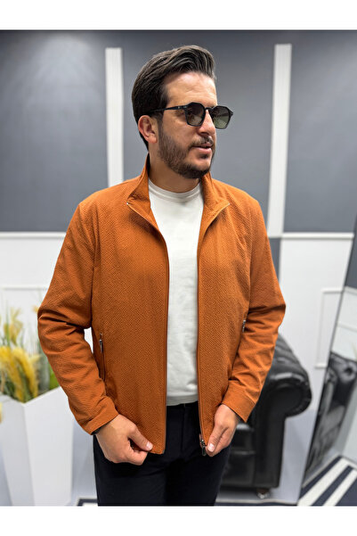 Avni Ceylan Premium Orange Textured Full Zip Men's Transitional Jacket