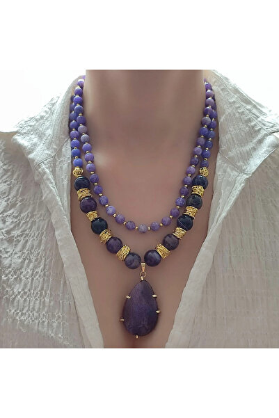 elinasaccessories Mor akik taşlı kadın kolye ,çoklu el yapımı designer kolye ...