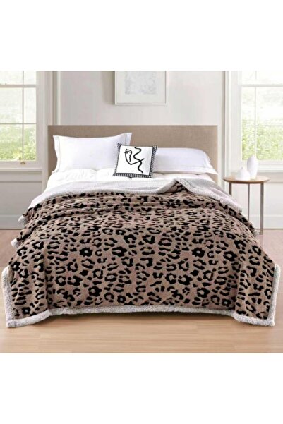 CumparaMisim Cocolino Thick Blanket, with Zipper, with Grey Sherpa Fur, 200x230 cm, Leopard, CAPPUCCINO