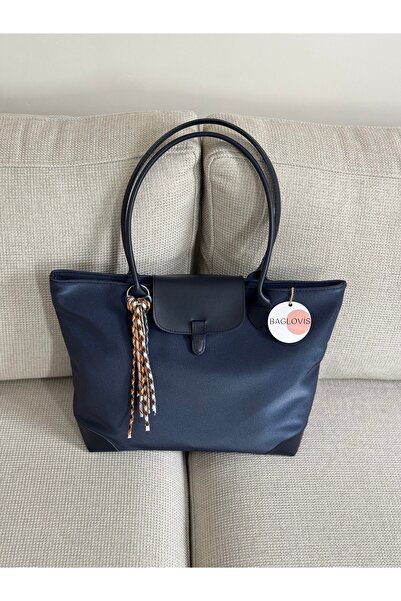 BAGLOVİS Charm Detailled Large Size Navy Blue Tote Bag En40 Boy30