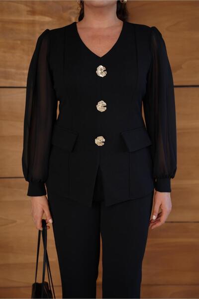 Butik Nilyam Women's Plus Size V-Neck Chiffon Sleeve Brooch Detail Evening Dress Suit 25063