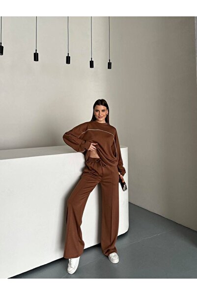 ALLEYTA Women's piped Wide Leg Pants Sweat Two-Piece Set