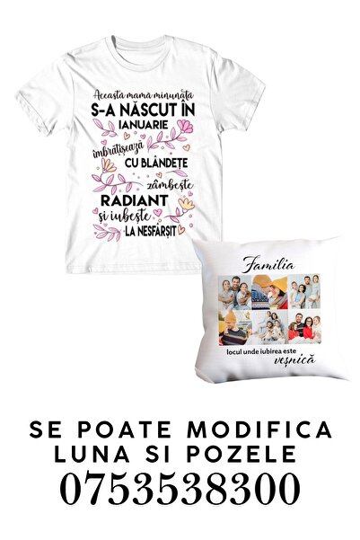 CrisPrint Premium Gift Set: Personalized "Mother Born in January" T-Shirt + 6 Picture Collage Pillow & Message