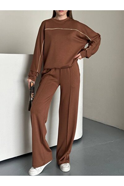 ALLEYTA Women's piped Wide Leg Pants Sweat Two-Piece Set