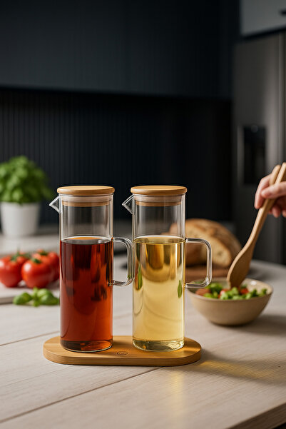 Kezze Trend Cam Yağdanlık Seti 2'li - Bambu Detaylı Modern Mutfakların Favorisi