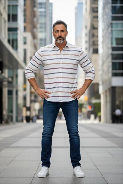 EREN STYLE Classic 100% Cotton Long Sleeve Anti-Sweat Winter 2-Color Striped Shirt (Regular Fit)