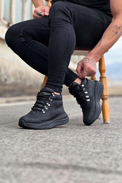 Lucy Shoes Yg035 Men's Sports Casual Lace-Up Leather Boots Cst - Black