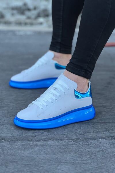 Lucy Shoes Yg095 Men's Lace-Up Thick High Sole Casual Leather Sneaker White/Blue - Cmt