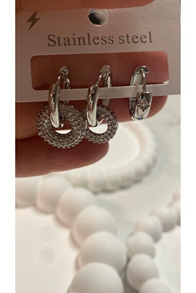 stainless steell Çelik Silver Üçlü Set Küpe